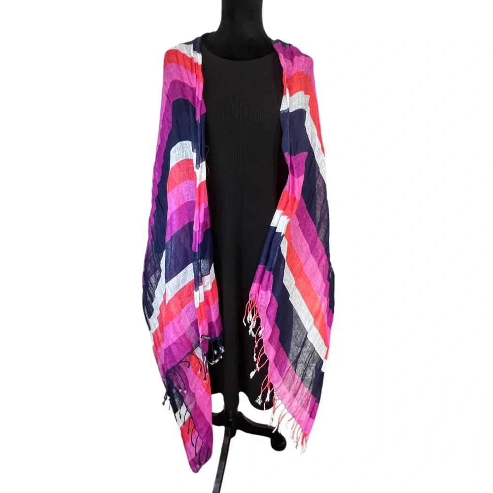 Talbots Lightweight Striped Scarf Pink Purple Navy White Fringe Wrap Shawl